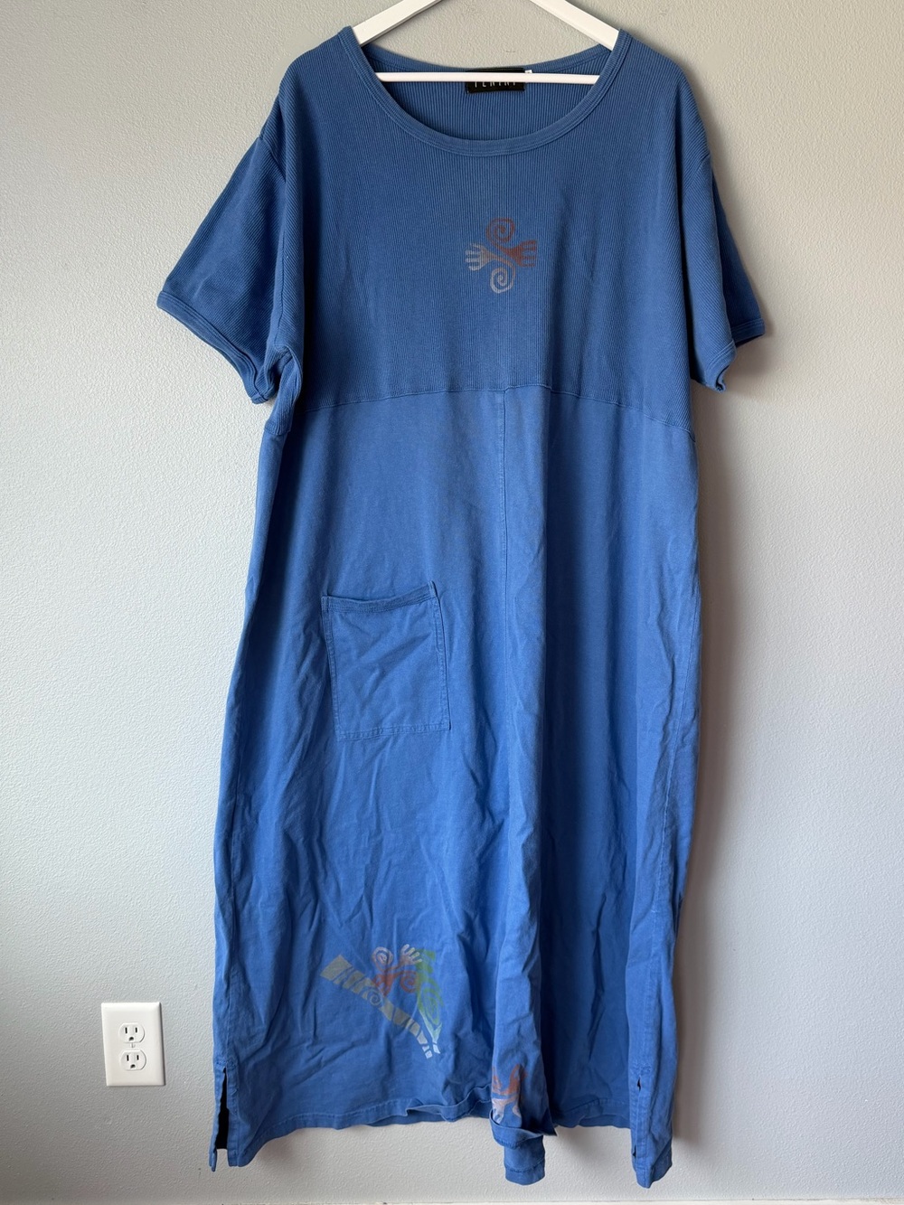 Fenini blue vintage artsy scoop neck short sleeve loose maxi dress Women’s 3X